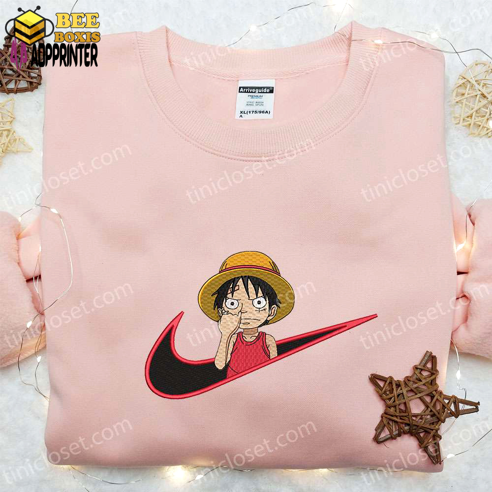 Anime embroidered shirt: monkey d luffy x nike swoosh one piece & nike inspired – shop now!
