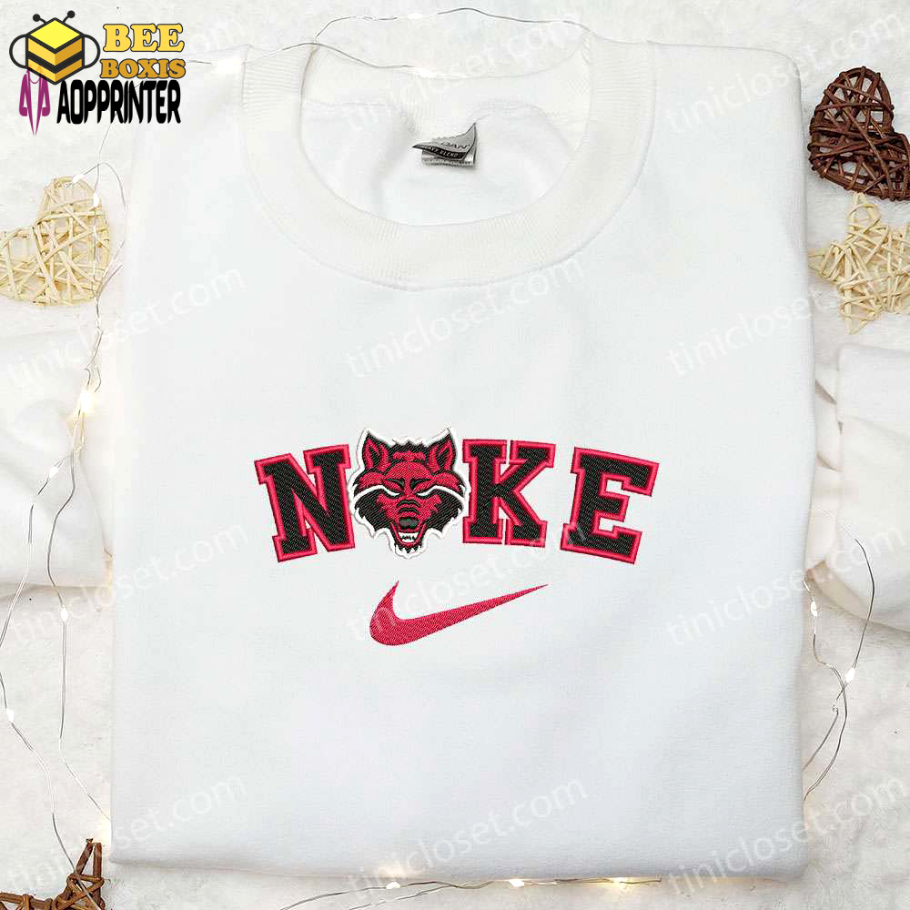 Arkansas state red wolves nike embroidered shirt & hoodie: perfect ncaa sports gift idea