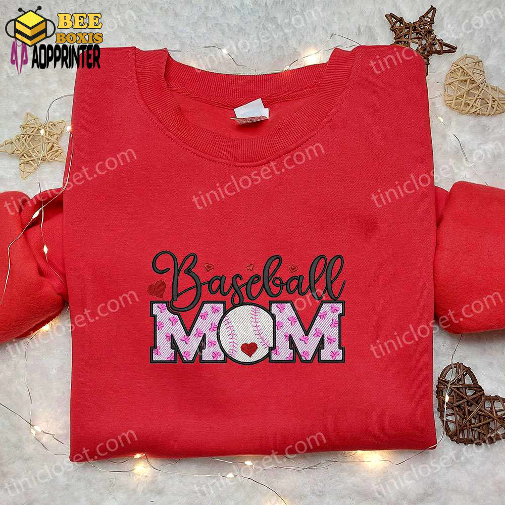 Baseball mom bows hearts embroidered shirt & hoodie: perfect mother’s day gift