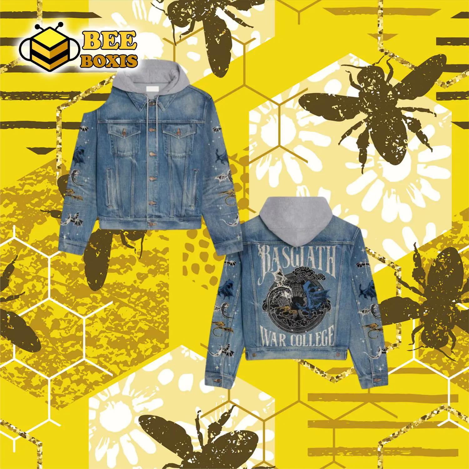 Basgiath war college mascot design hooded denim jacket.png