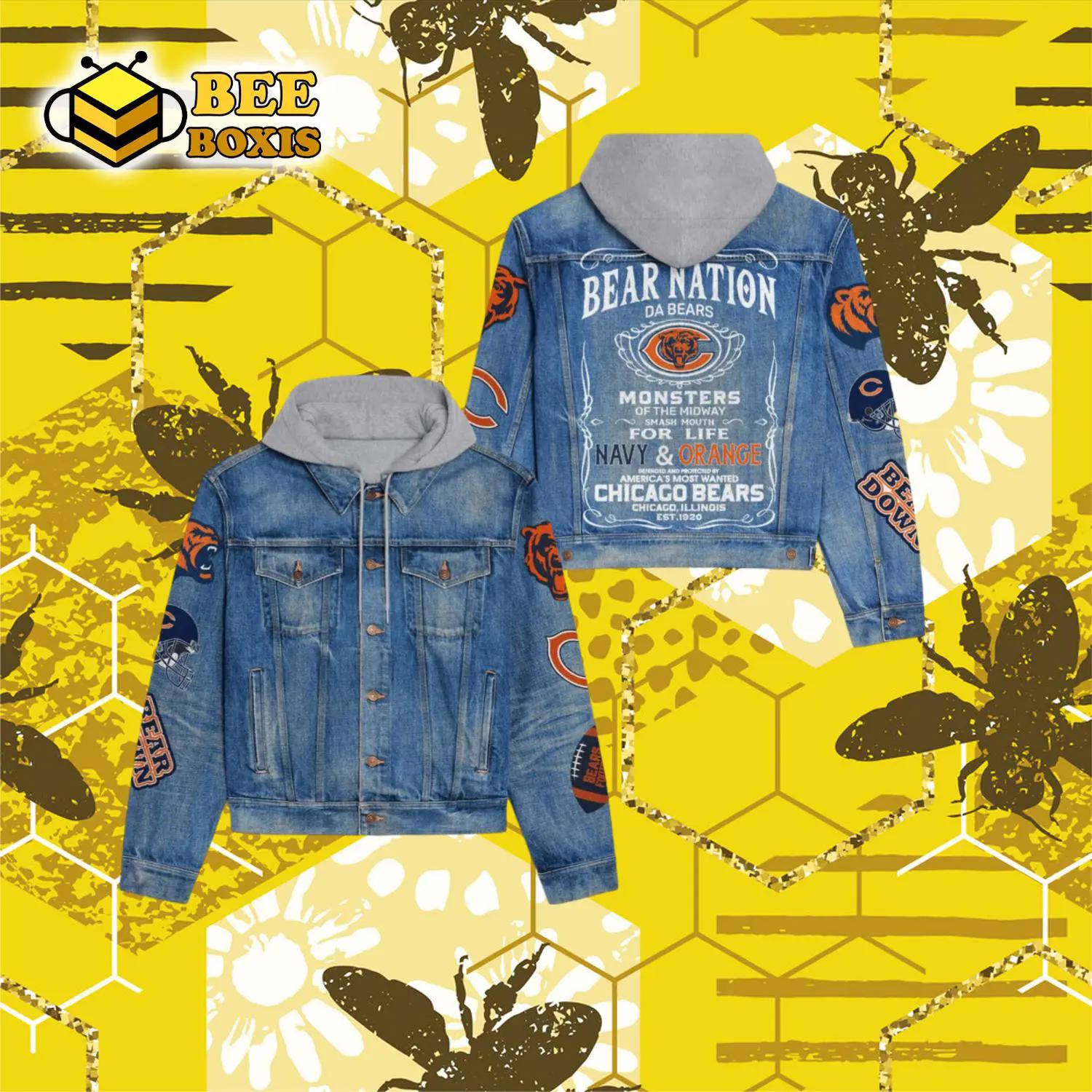 Bear nation da bears monsters of the midway mascot design hooded denim jacket.png