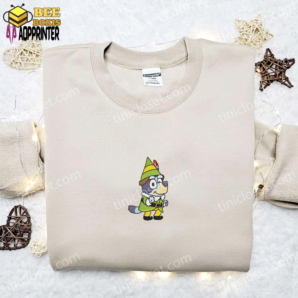 Bluey christmas elf embroidered shirt & cartoon hoodie: perfect christmas gift idea