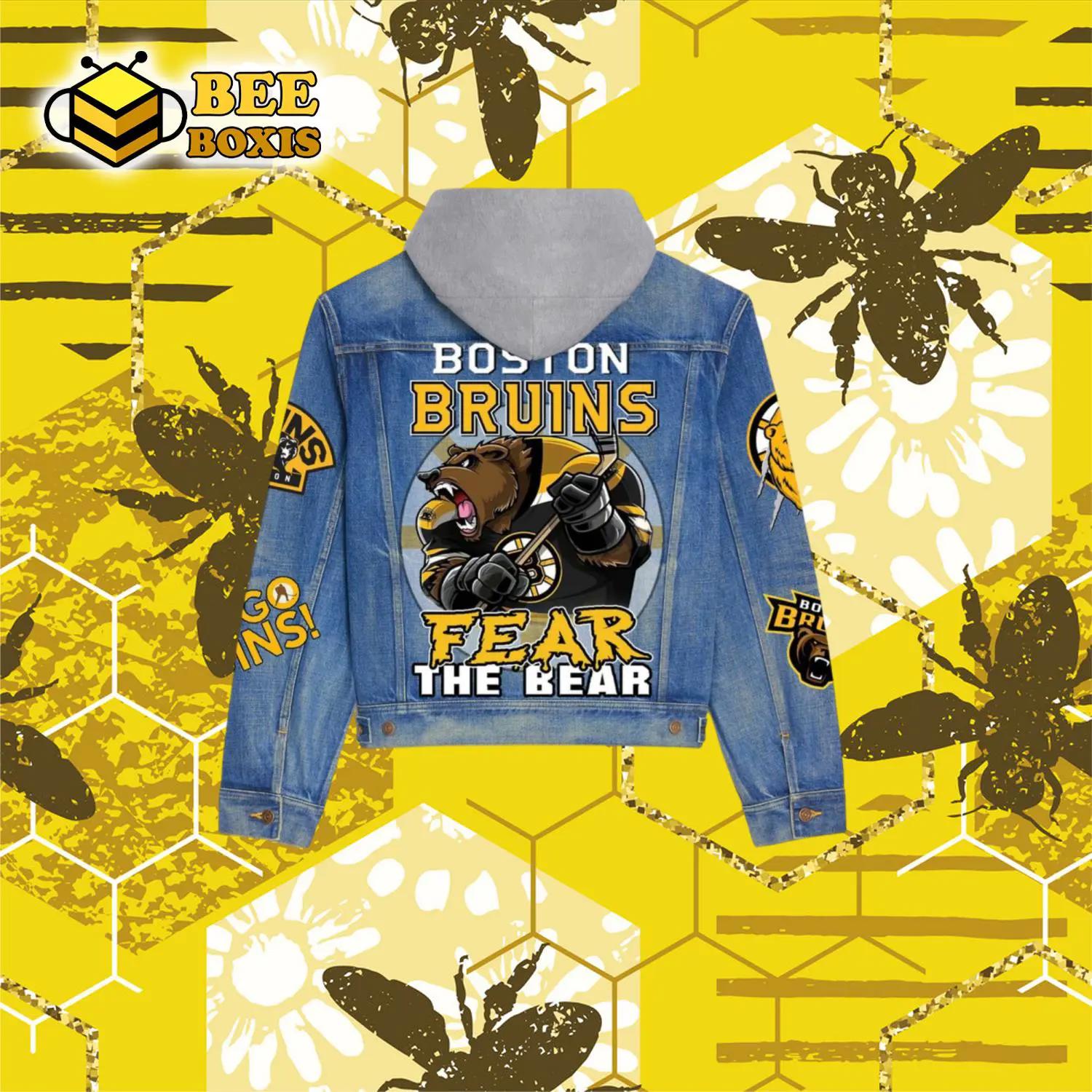Boston bruins fear the bear mascot design hooded denim jacket.png