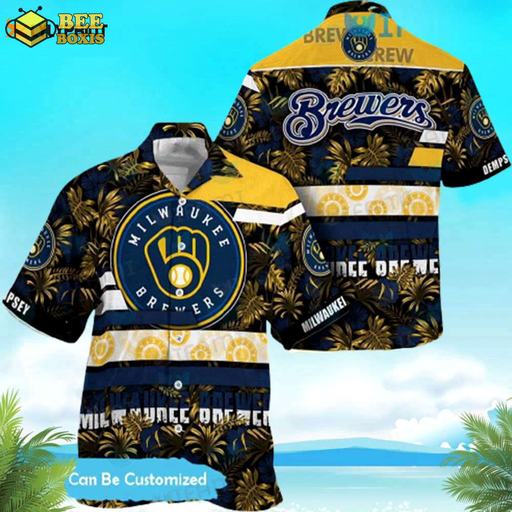 Brewers hawaiian shirt navy hibiscus palm leaf custom milwaukee brewers gift