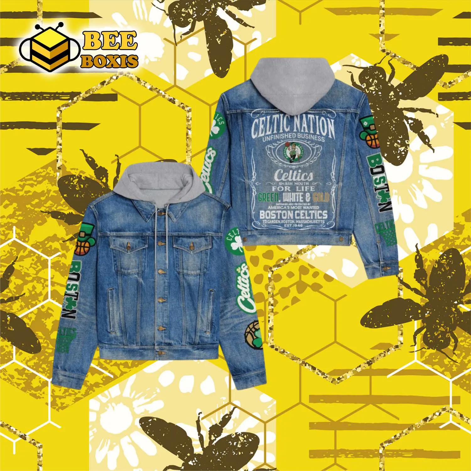 Celtic nation unfinished business celtics smash mouth for life hooded denim jacket.png