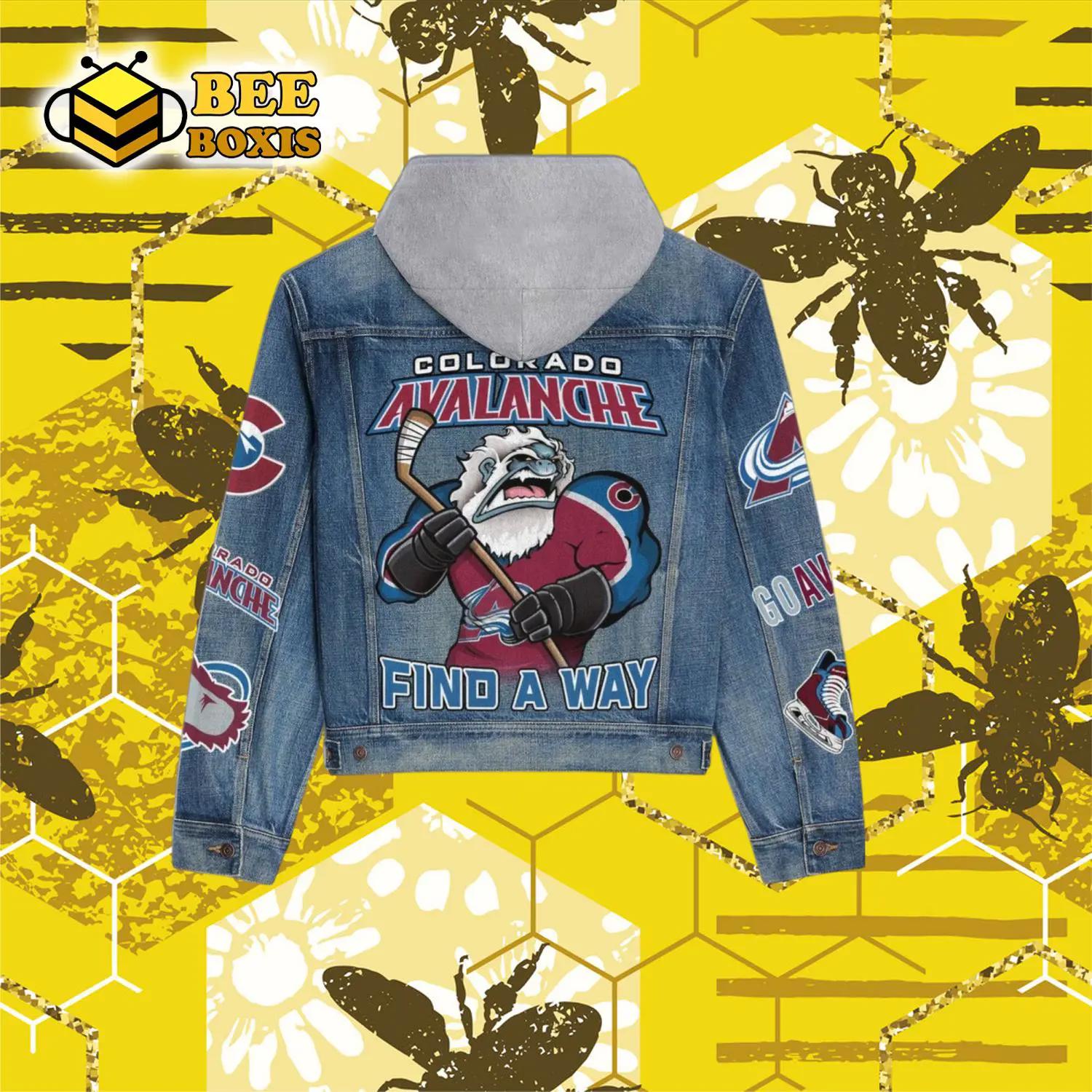 Colorado avalanche find a way mascot design hooded denim jacket.png