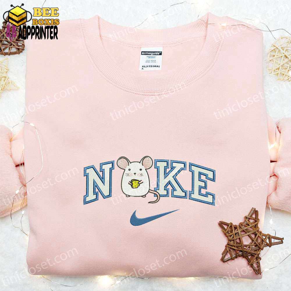Cute white mouse x nike embroidered shirt hoodie & t-shirt: cartoon cheese & nike inspired designs