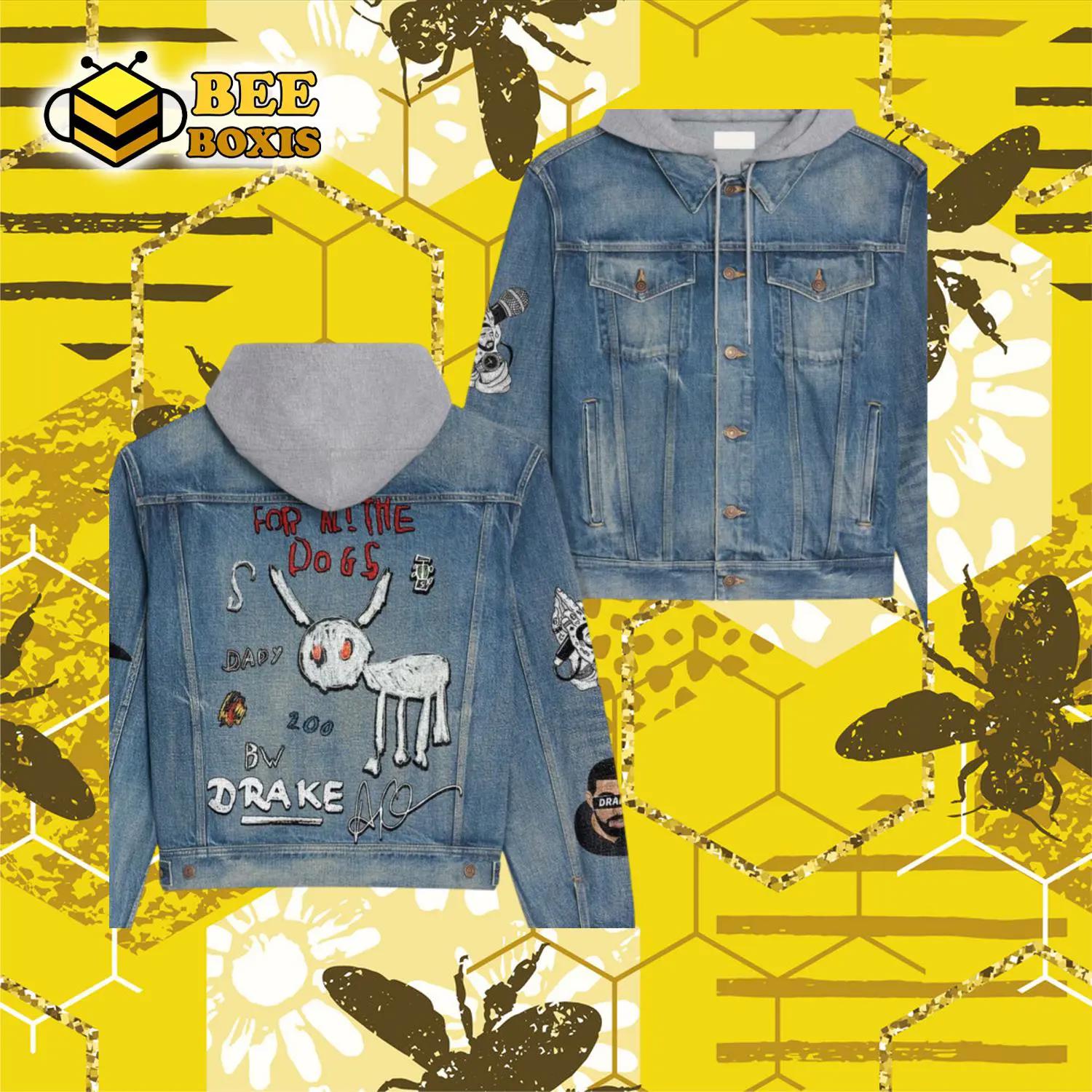 Dady for al the dogs drake design hooded denim jacket.png