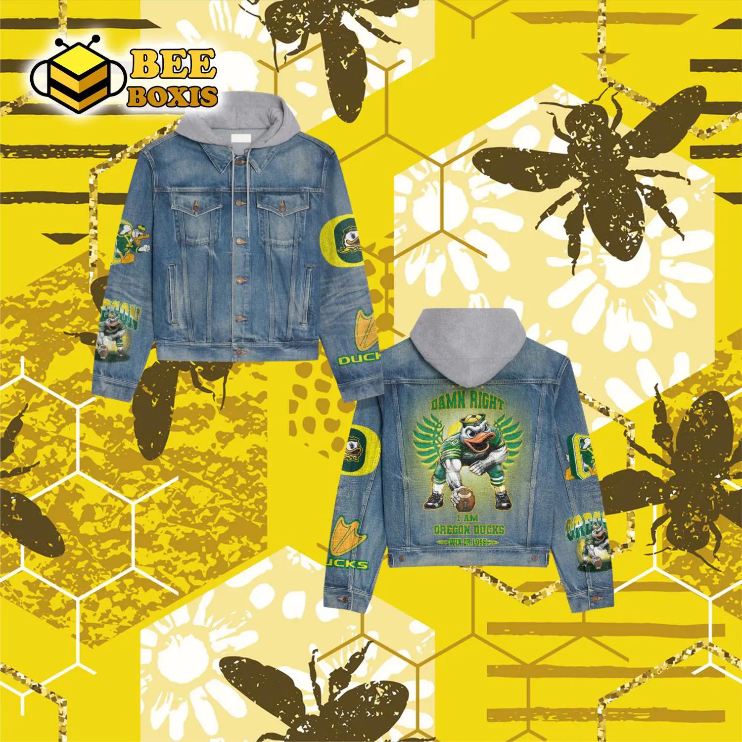 Damn right i am oregon ducks win or lose hooded denim jacket.png