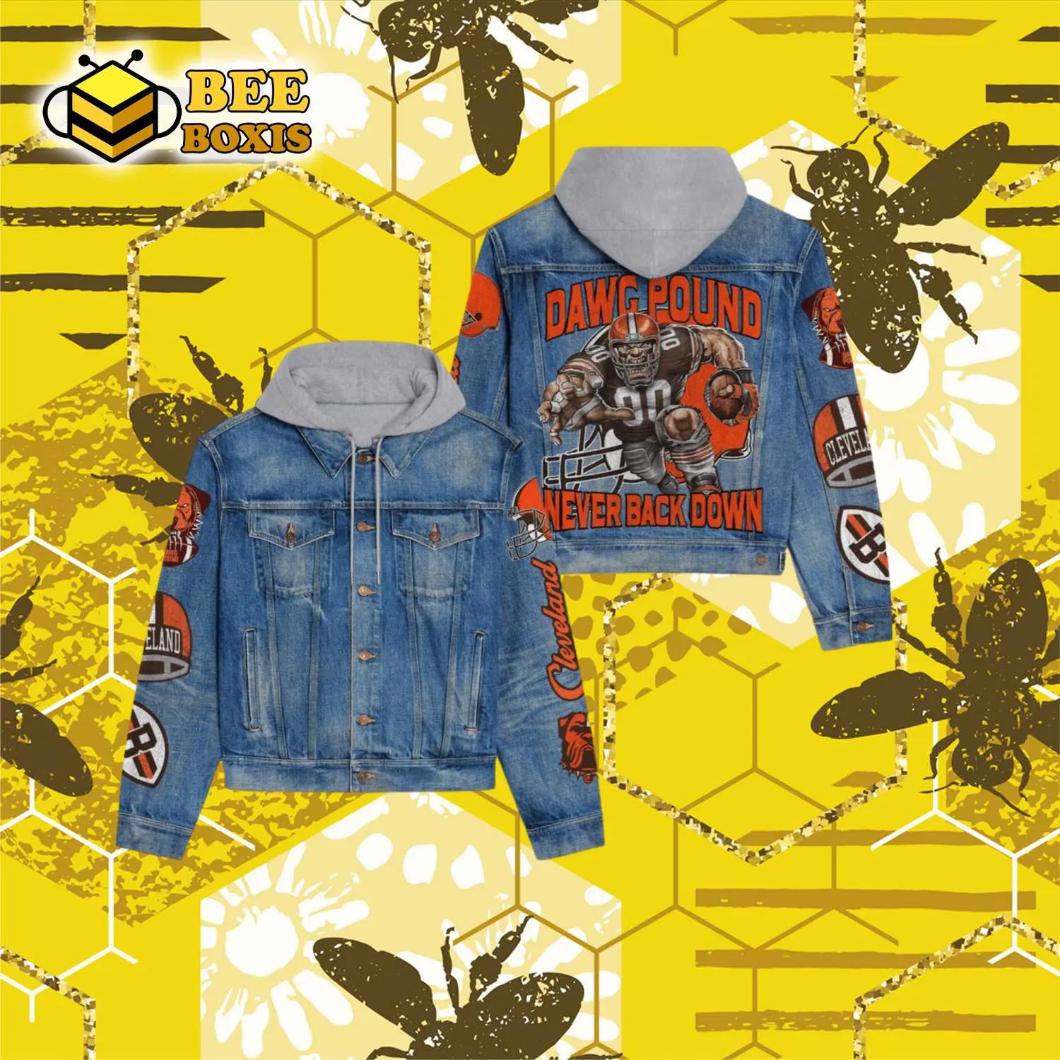 Dawg pound never back down mascot design hooded denim jacket.png