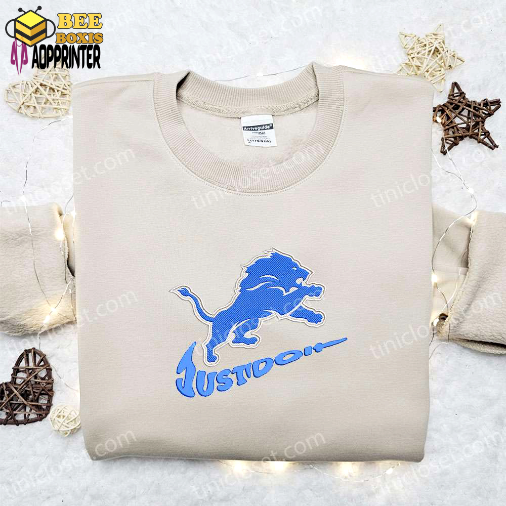 Detroit lions just do it x nike swoosh embroidered shirt & hoodie: perfect nfl sports gift