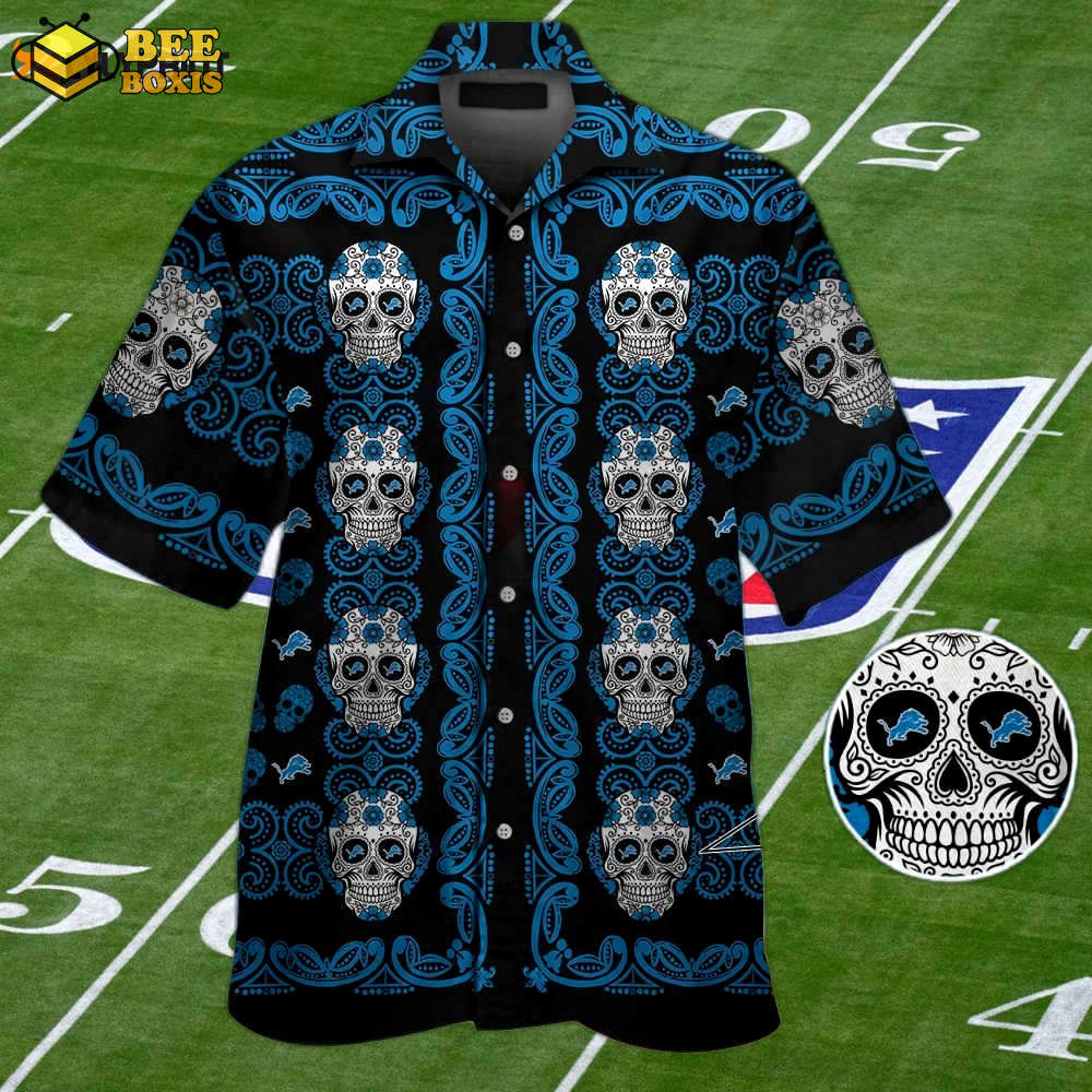 Detroit lions skull hawaiian shirt set for men & women – short sleeve button up aloha tropical design