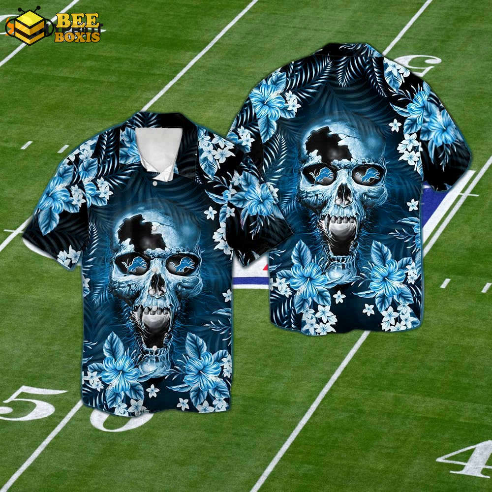 Detroit lions skull hawaiian shirt set – short sleeve button up for men women kids (mte02)