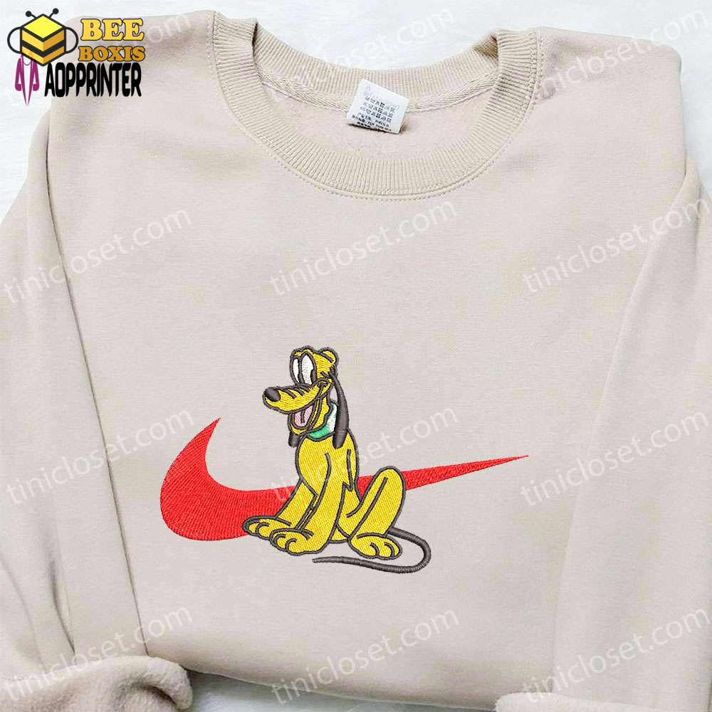 Disney characters embroidered shirt: swoosh x pluto nike-inspired t-shirt