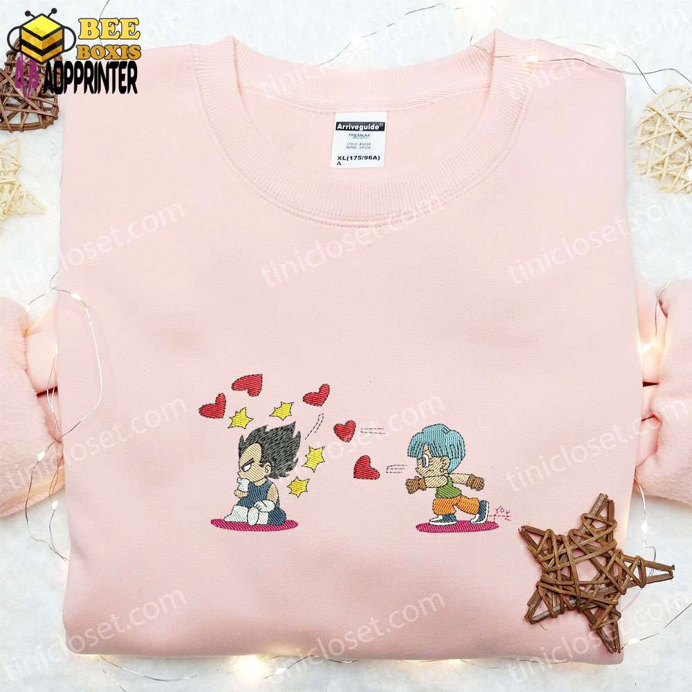 Dragon ball anime embroidered shirt & hoodie set: vegeta and bulma hearts design perfect valentine s day gift!