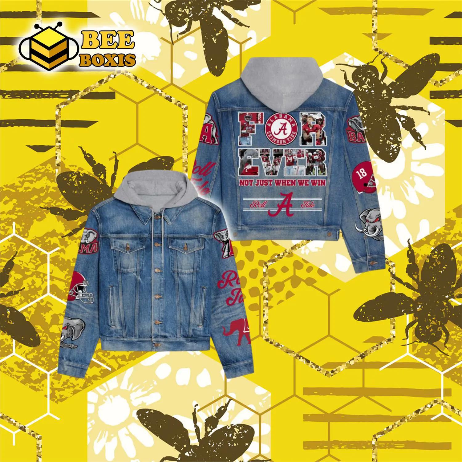 Forever albama crimsontide not just when we win roll tide hooded denim jacket.png