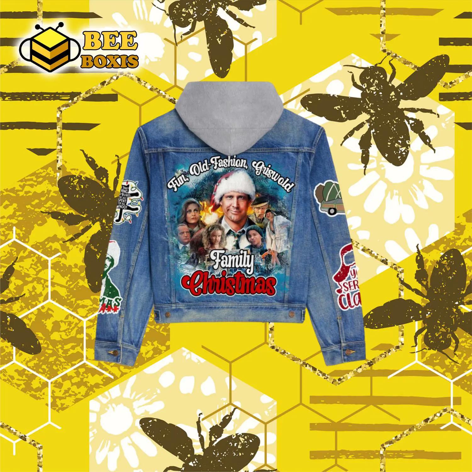 Fun old fashion griswold family christmas design hooded denim jacket.png