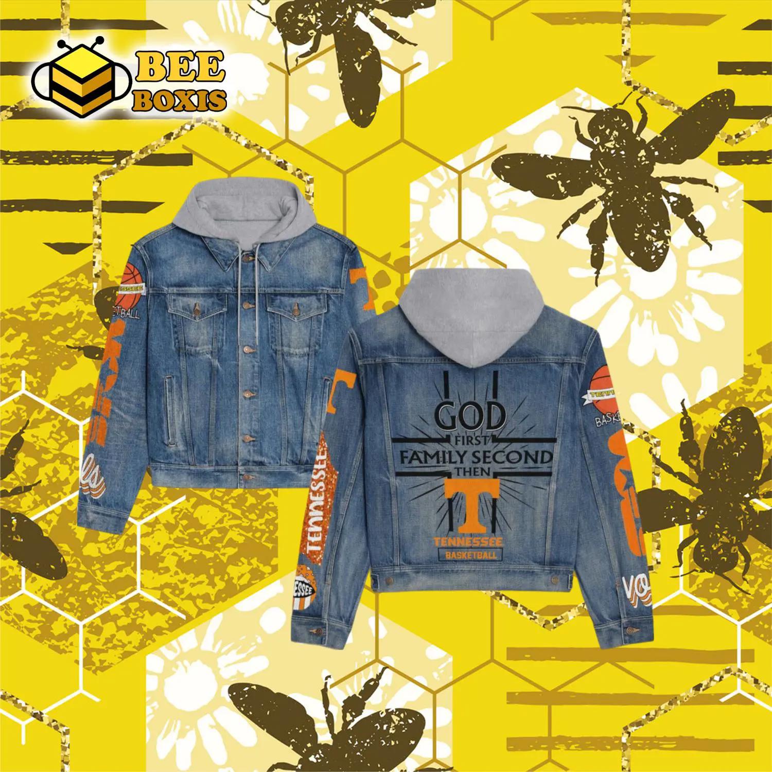 God first family second then tennessee basketball hooded denim jacket.png