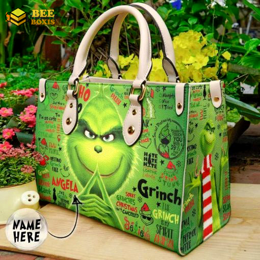 Grinch custom name leather handbag gift for women