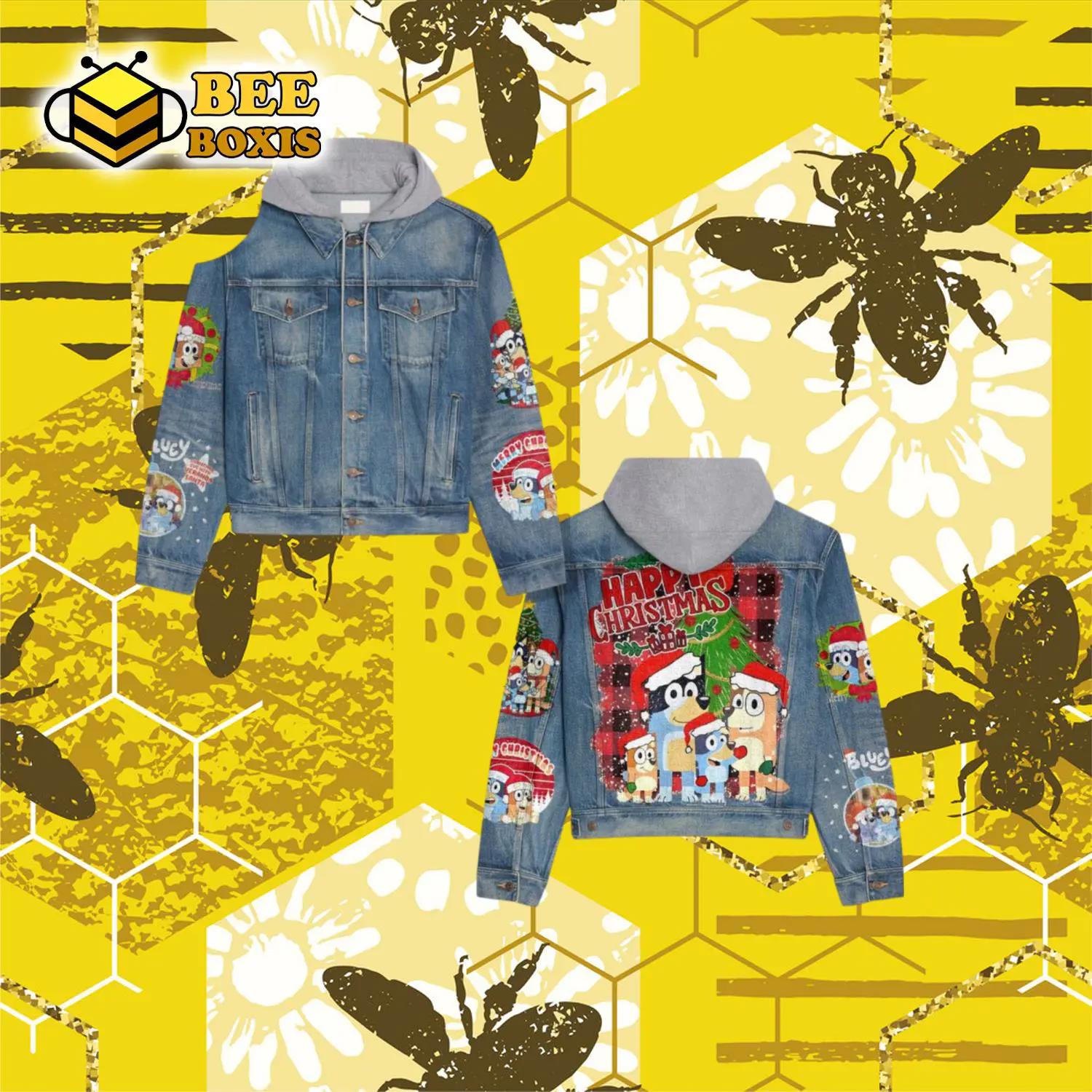 Happy christmas herry christmas design hooded denim jacket.png