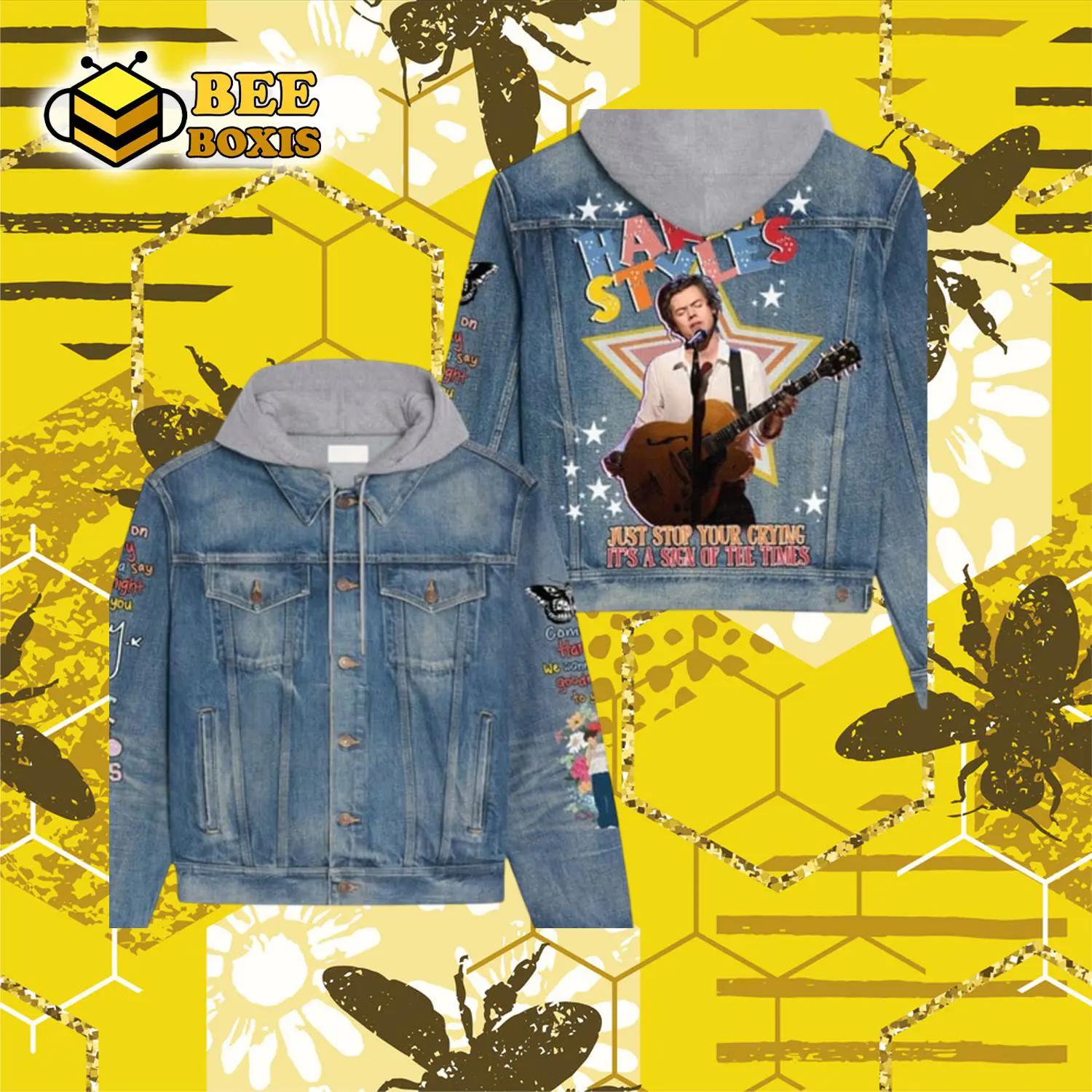 Harry edward styles singer portrait design hooded denim jacket.png