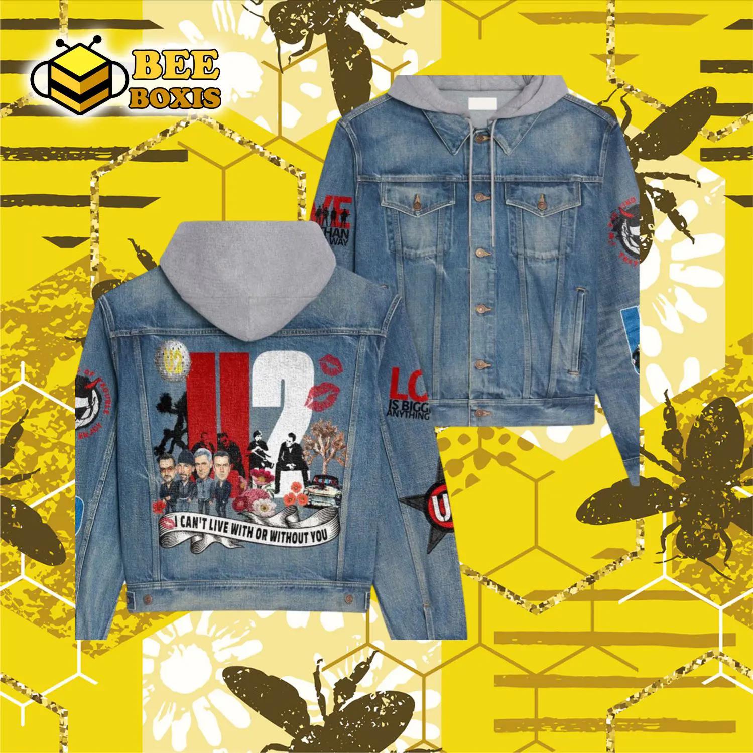 I cant live with or without you u2 lips design hooded denim jacket.png