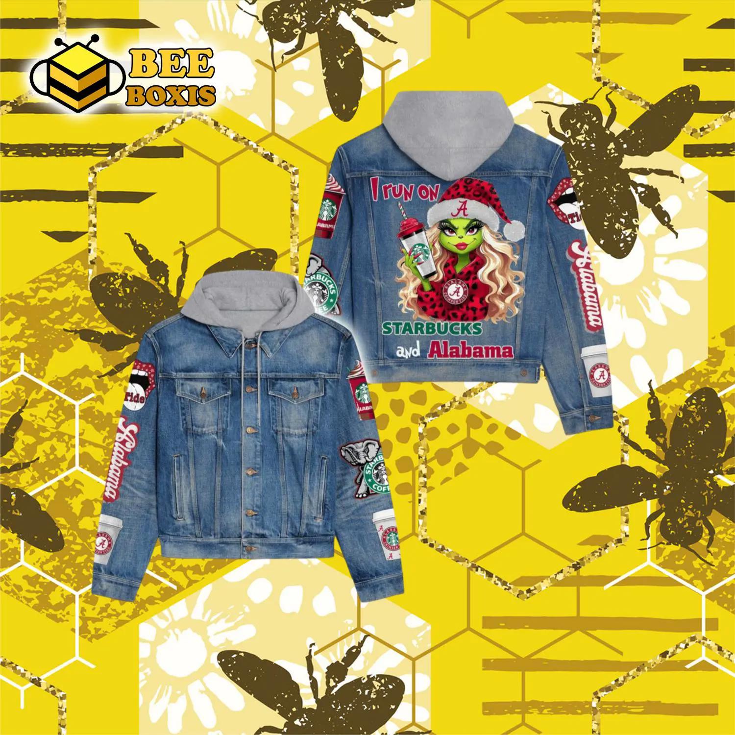 I run on starbucks and albama hooded denim jacket.png