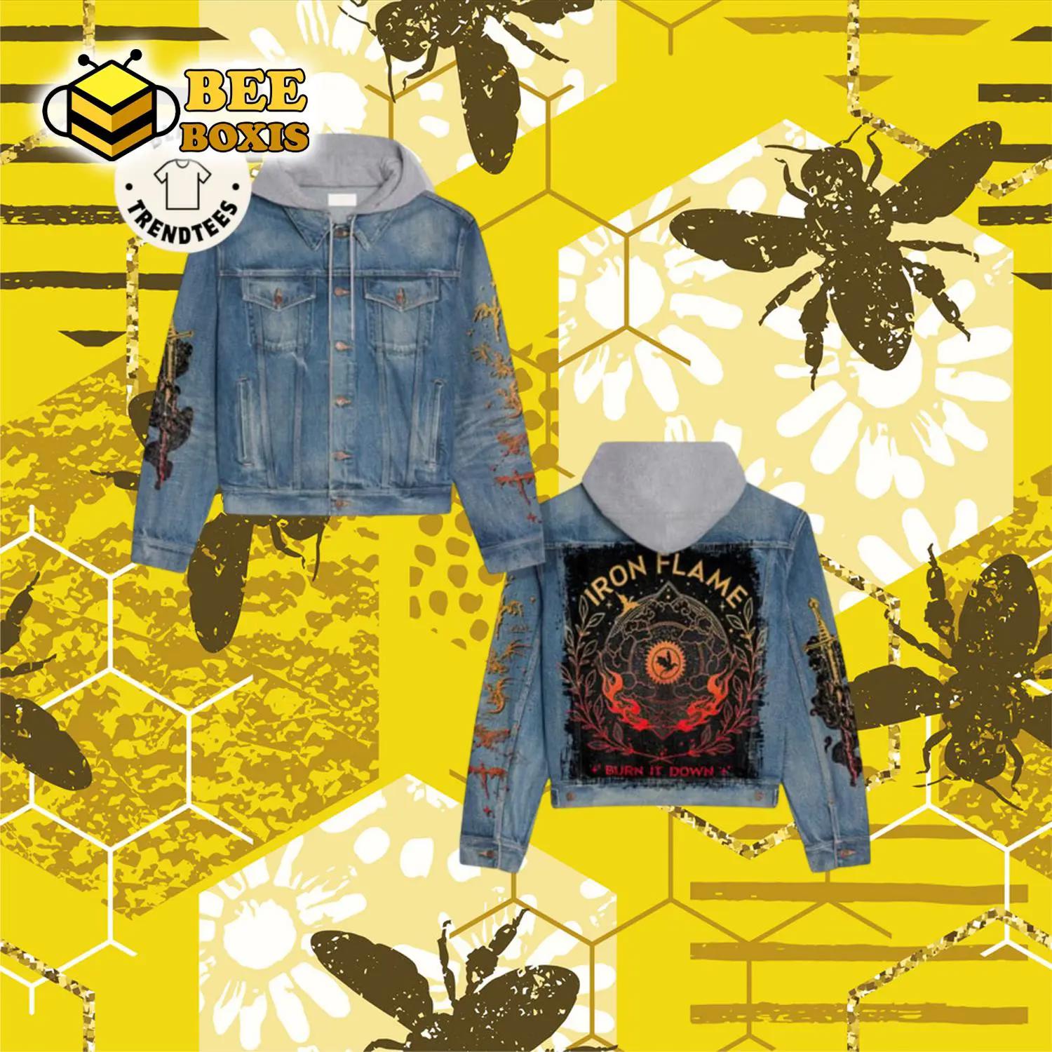 Iron flame brun it down design hooded denim jacket.png