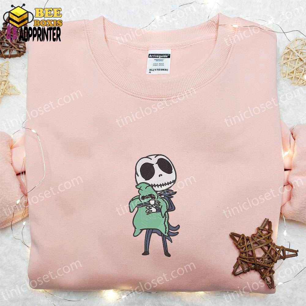 Jack skellington hugging oogie boogie embroidered sweatshirt: cute halloween hoodie best gift idea