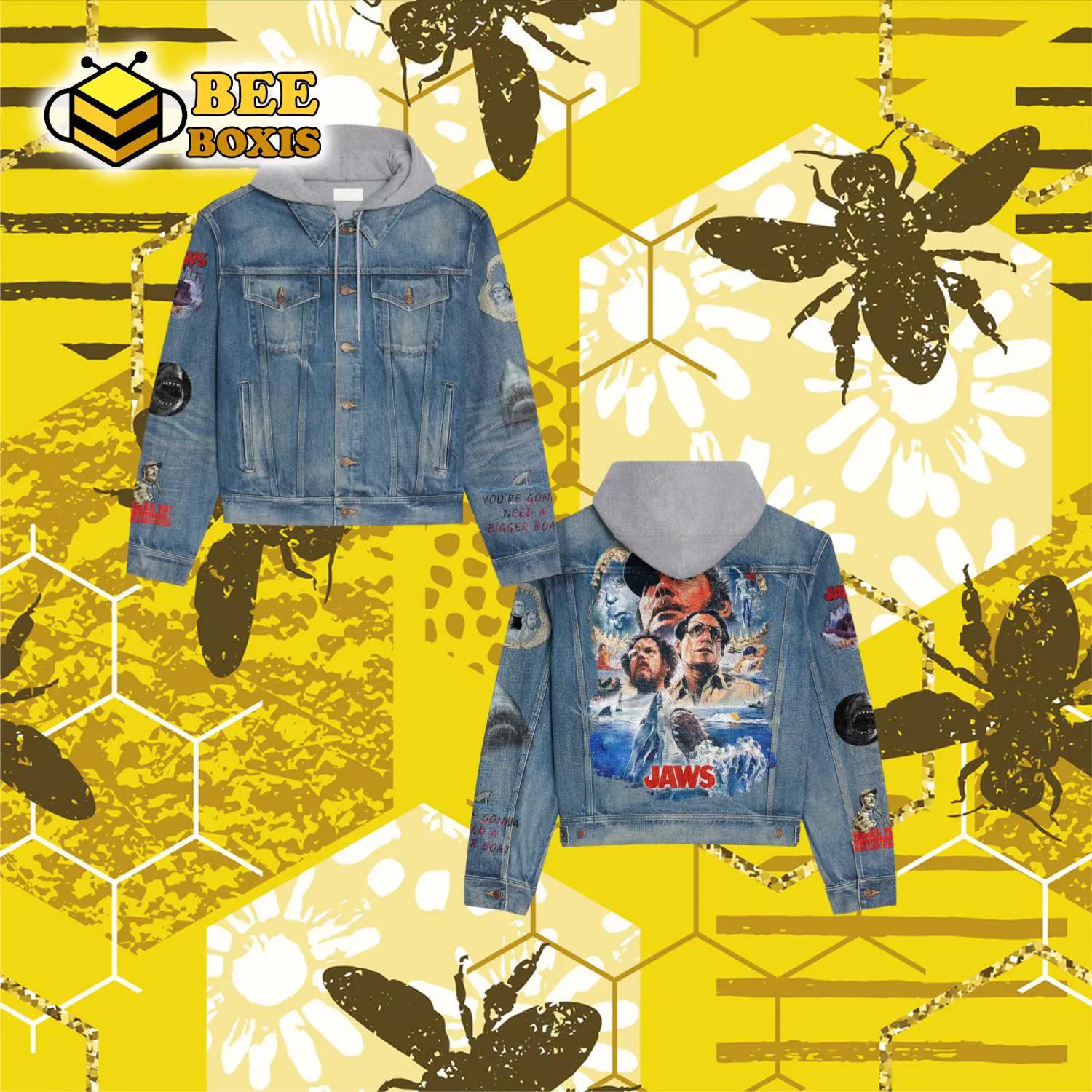 Jaws portrait design hooded denim jacket.png