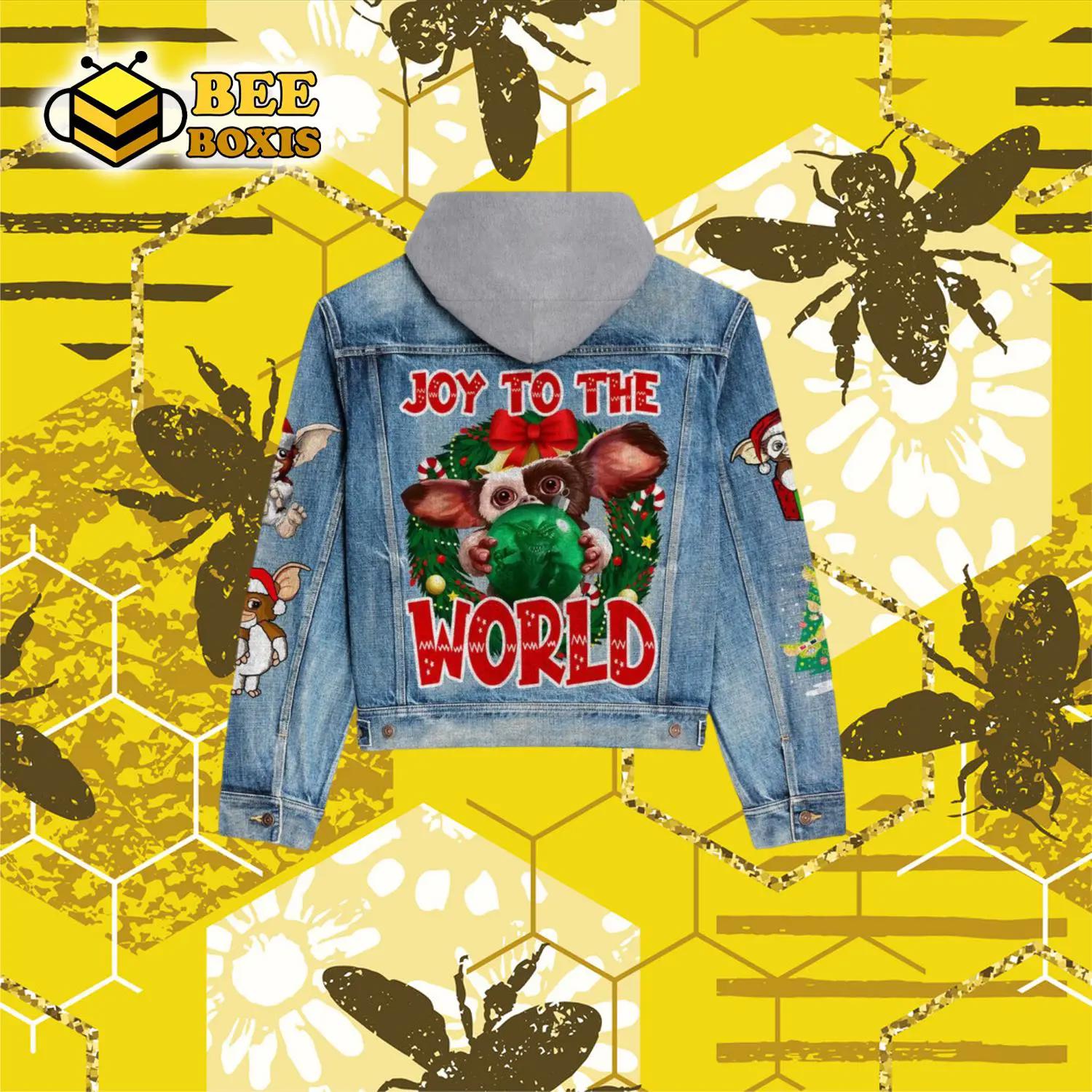 Joy to the world christmas design hooded denim jacket.png