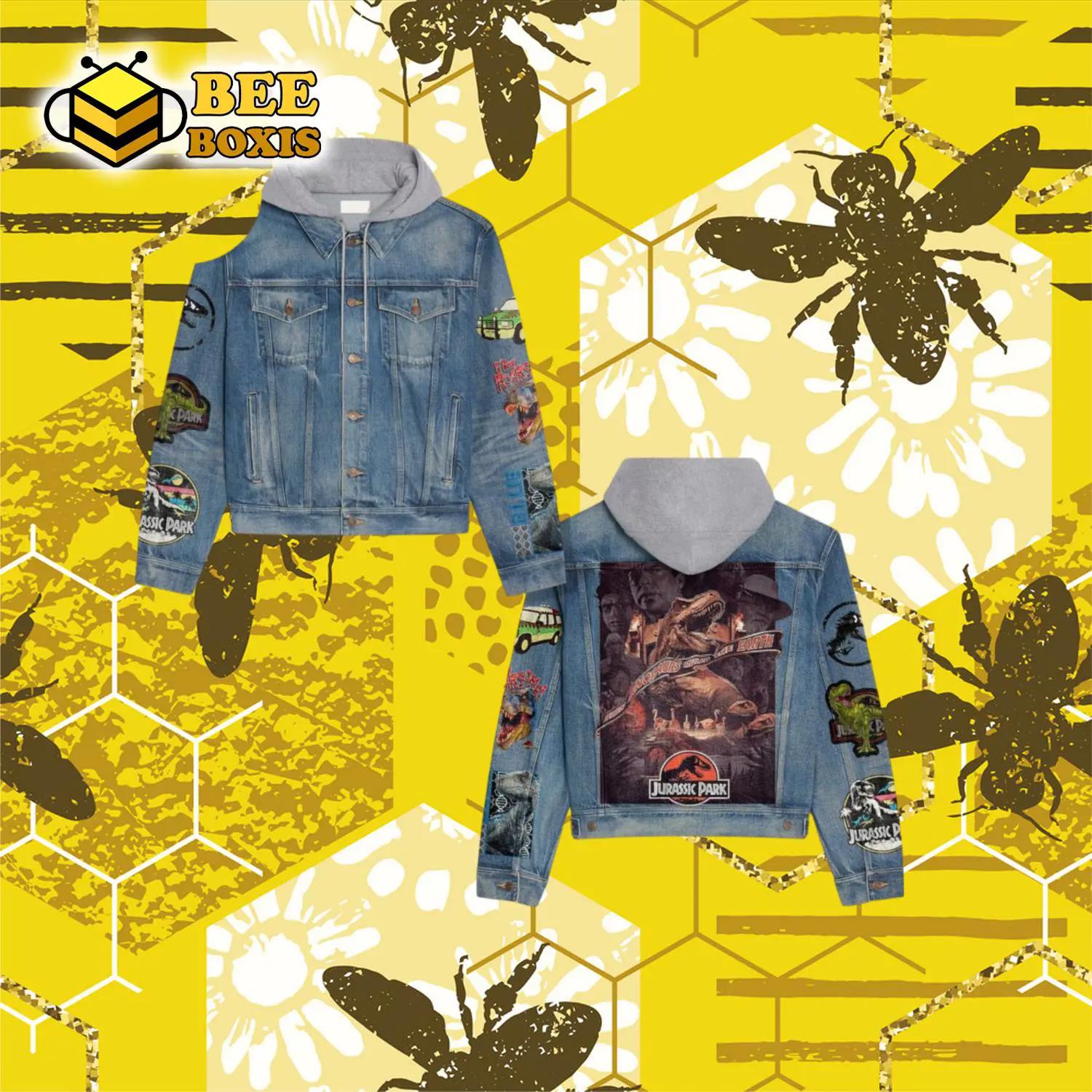 Jurassic park dinosaur design hooded denim jacket.png