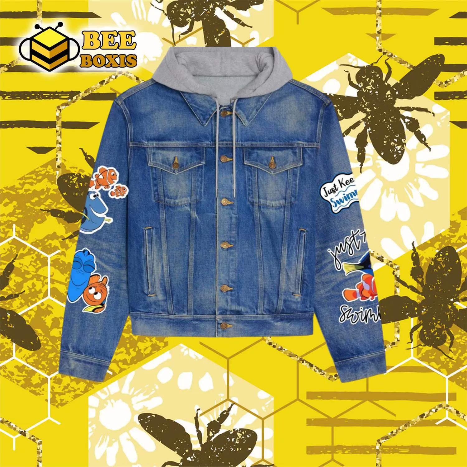 Just keep swimming songs fish design hooded denim jacket.png