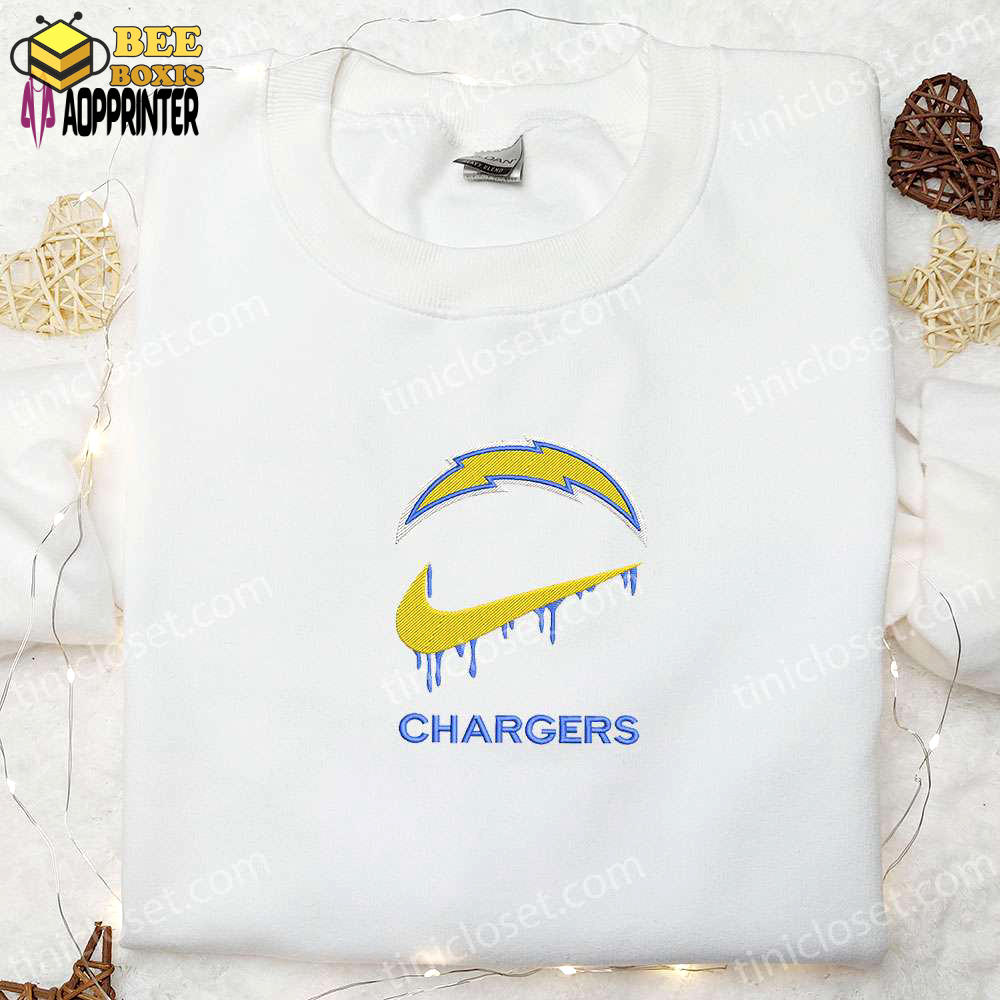 Los angeles chargers nike swoosh drip shirt & hoodie: nfl sports embroidered gear best gift idea