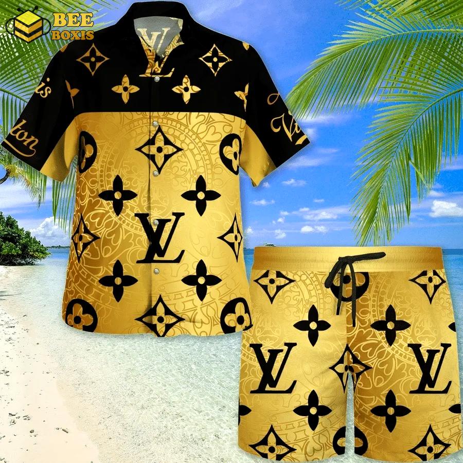 Louis vuitton yellow black pattern luxury brand fashion hawaii set for men