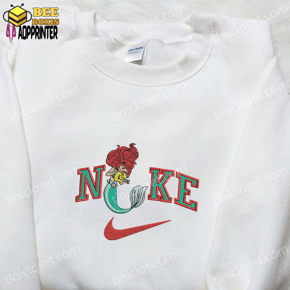 Mermaid ariel x nike cartoon embroidered hoodie & disney characters shirt – nike inspired embroidery