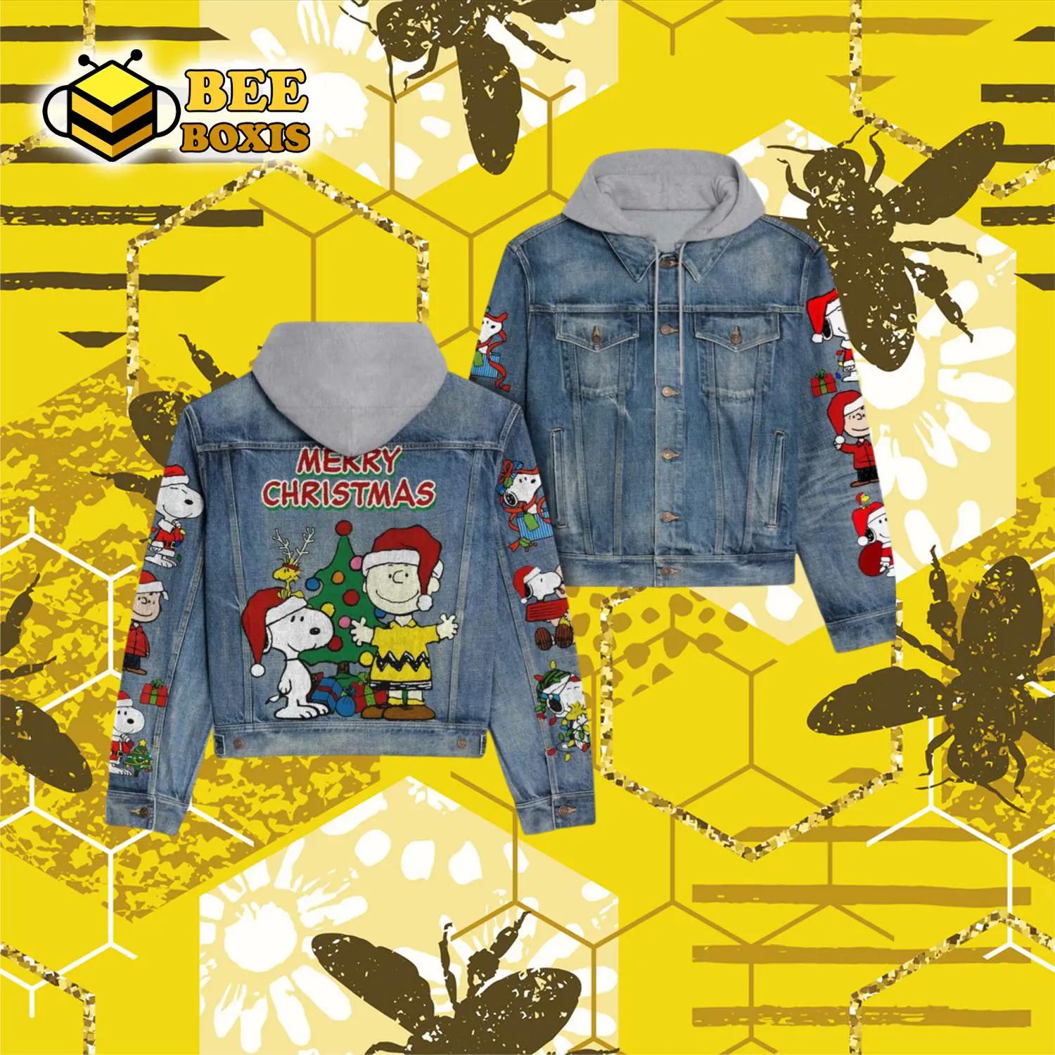 Merry christmas snoopy design hooded denim jacket.png