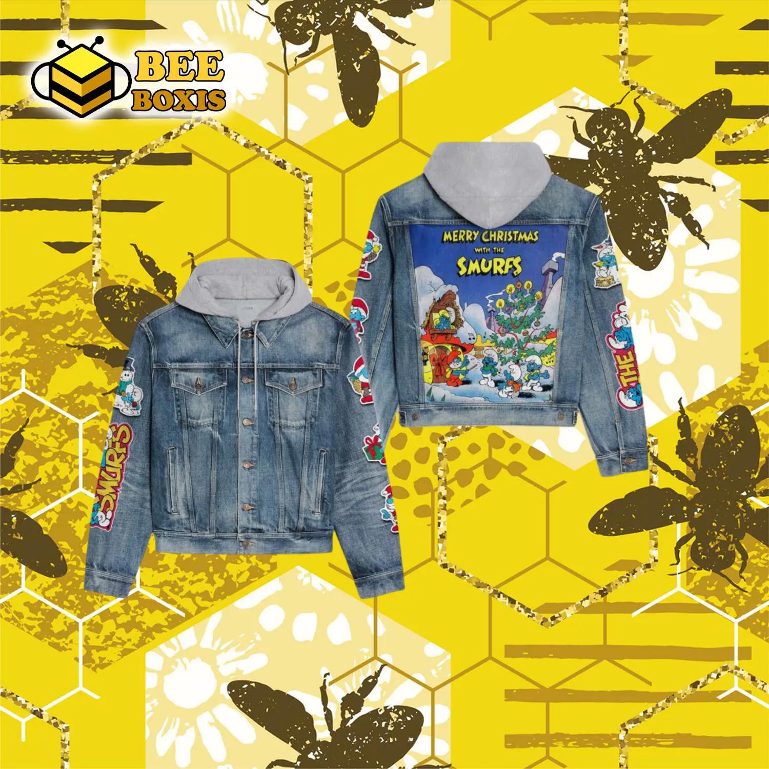 Merry christmas with the smurfs design hooded denim jacket.png