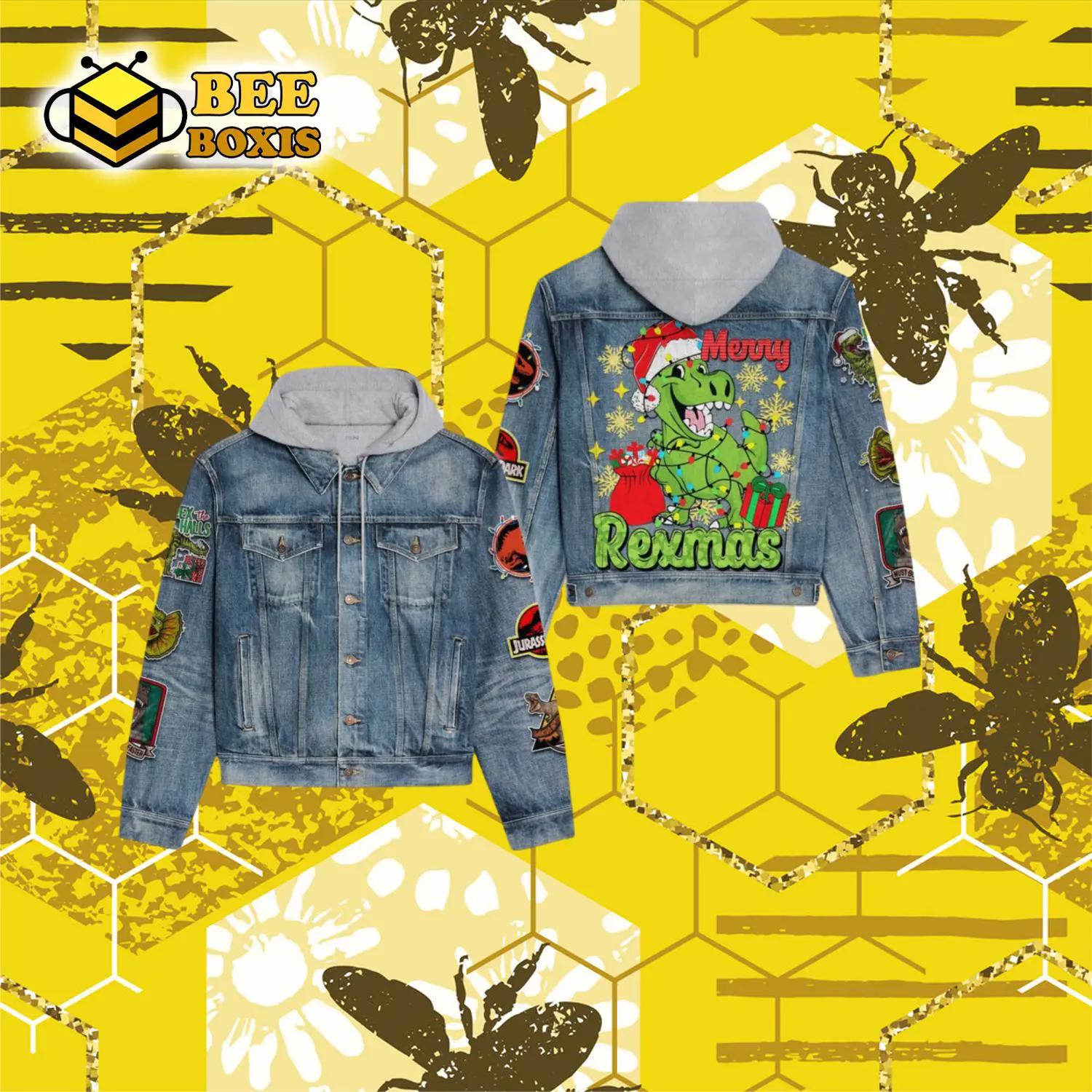 Merry rexmas design hooded denim jacket.png