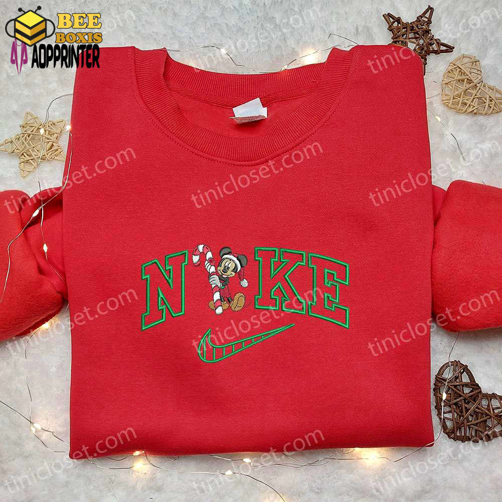 Mickey mouse candy cane xmas x nike embroidered tshirt – best christmas gift nike inspired shirt