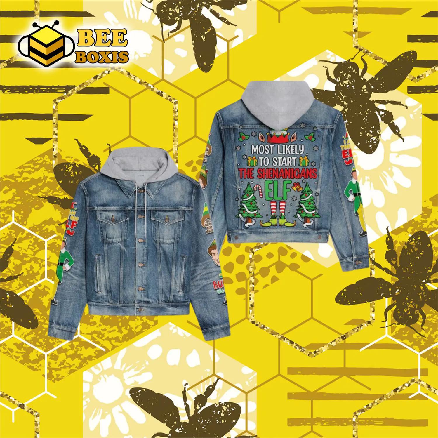 Most likey to start the shenanigans elf design hooded denim jacket.png