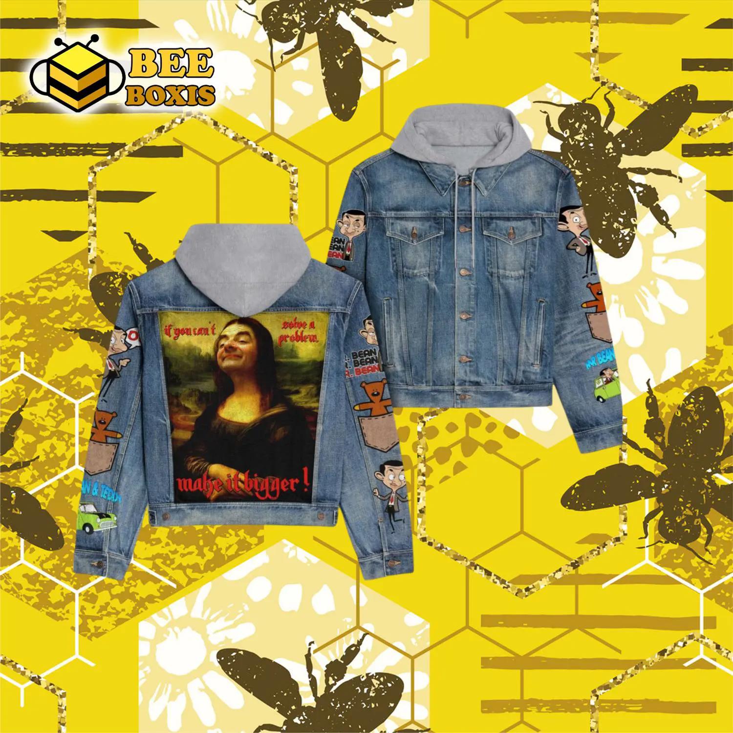 Mr bean meme character design hooded denim jacket.png