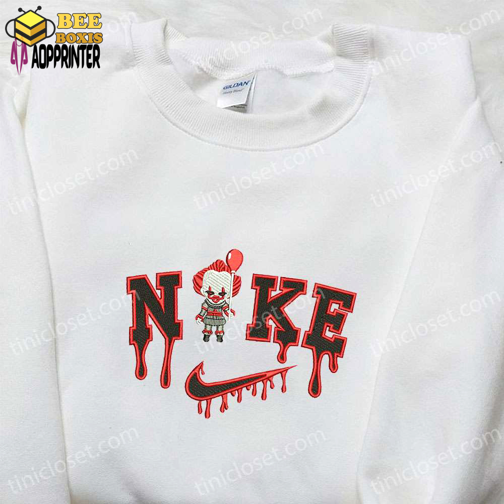 Nike x chibi pennywise halloween movie embroidered shirt – spooky nike inspired t-shirt