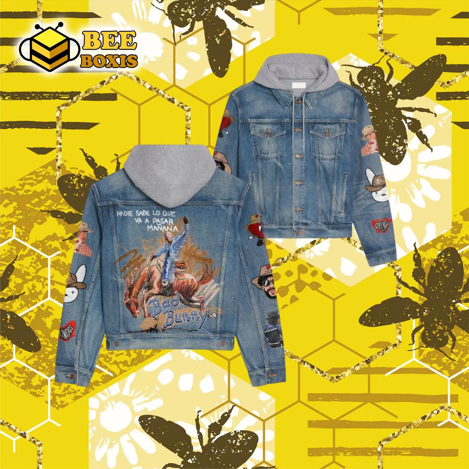 Ojitos lindos – bad bunny man riding horse design hooded denim jacket.png