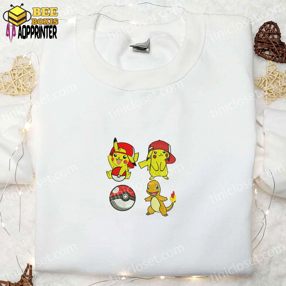 Pikachu & charmander embroidered shirt & anime hoodie: best pokemon gift idea