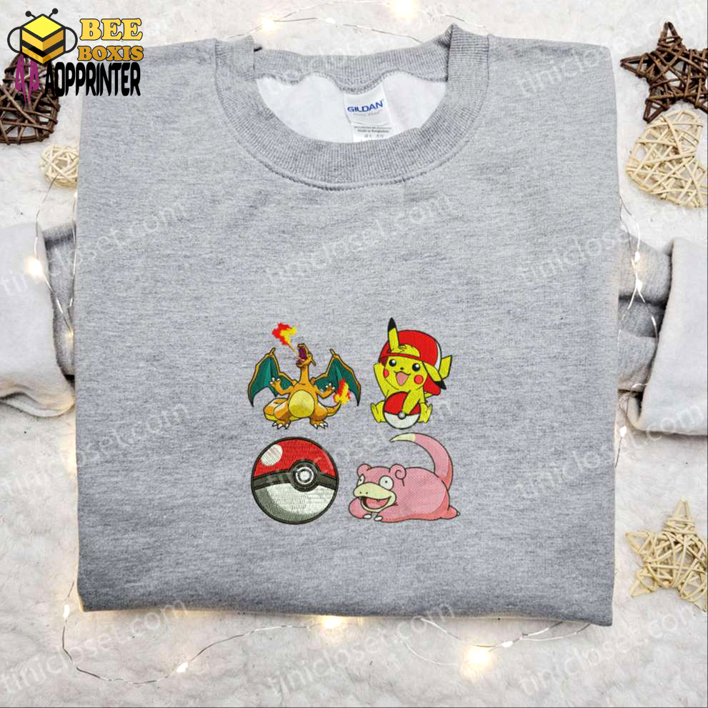 Pikachu charmander slowpoke pokeball embroidered shirt & anime hoodie: best pokemon gift idea