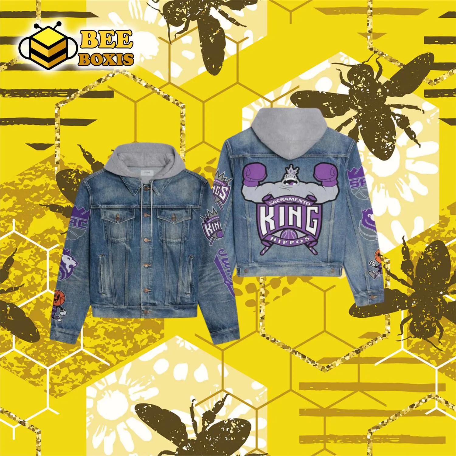 Sacramento king hippos mascot hooded denim jacket.png