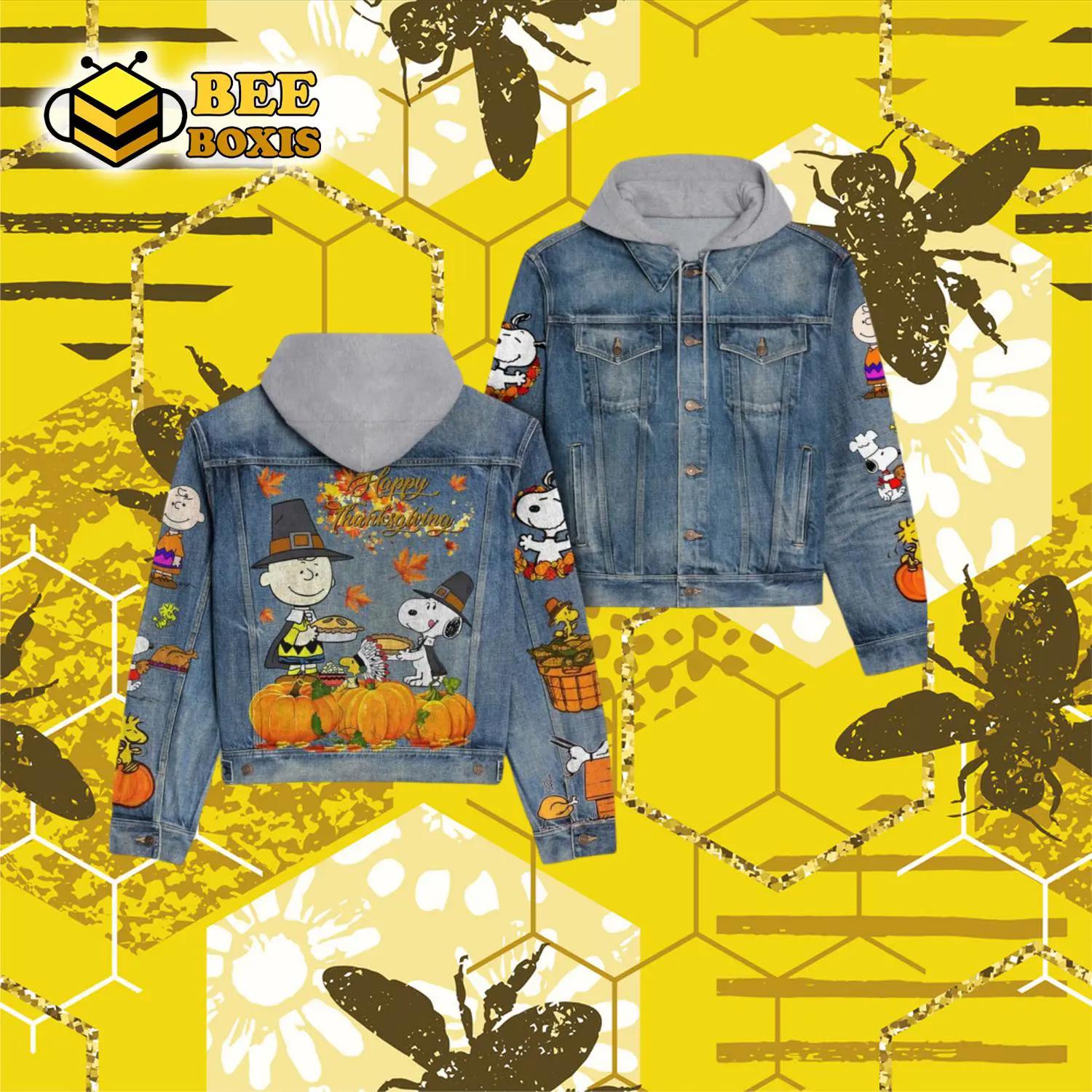 Snoopy and friends happy thinksgiving hooded denim jacket.png