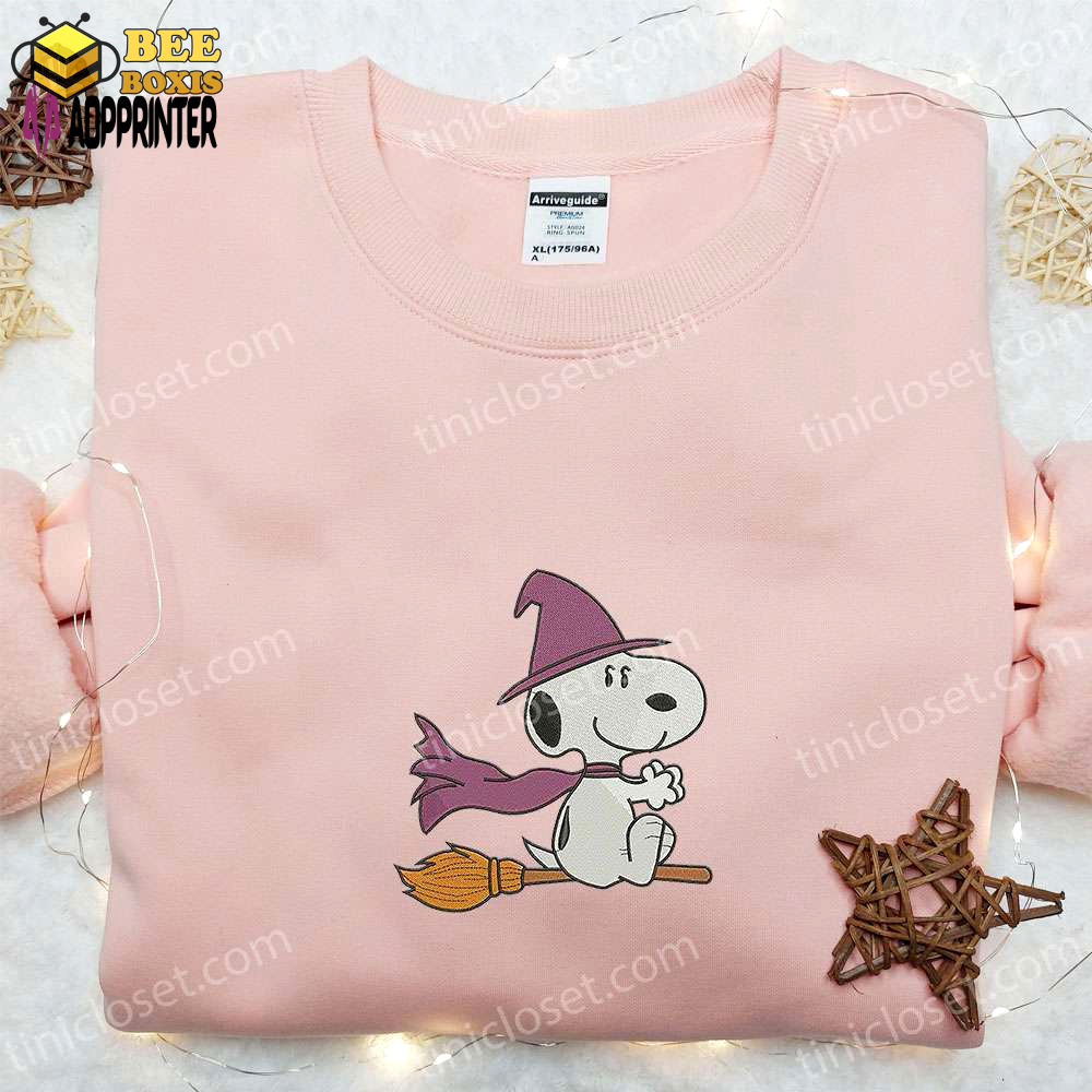 Snoopy witch fly embroidered t-shirt & peanuts halloween hoodie – best halloween gift ideas