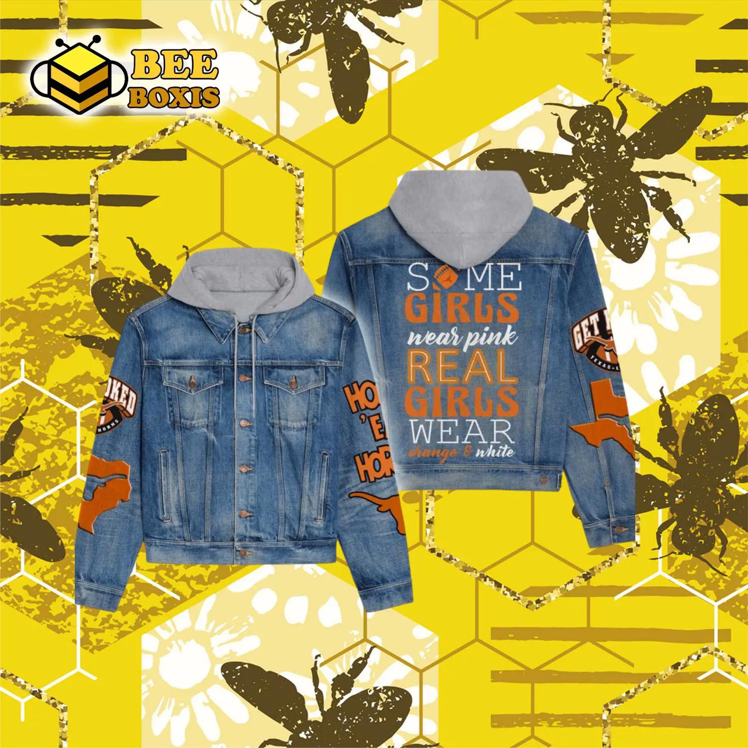 Some girls wear pink real girls wear orange white mascot design hooded denim jacket.png